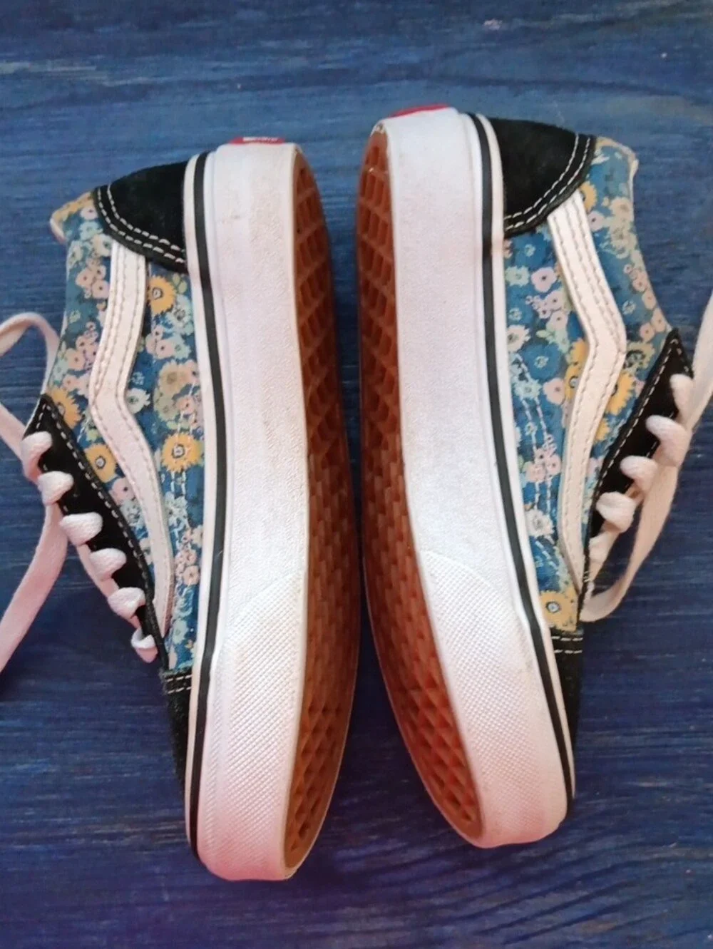 Old Skool Vans Sneakers  Blue Floral and Black Suede Girls Size 12